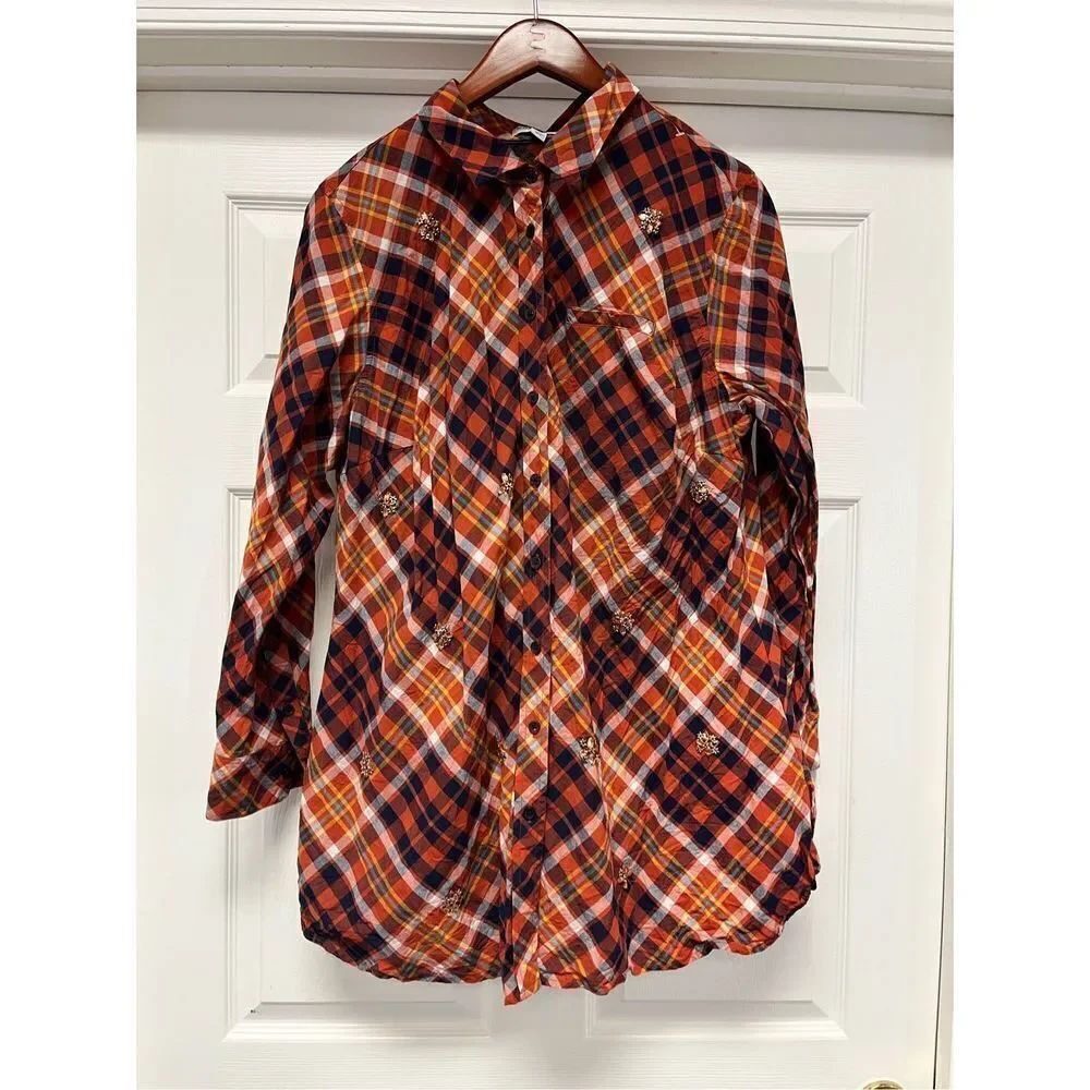 Kim Rogers Fall Plaid Embellished Button Down Tunic Top sz 1X